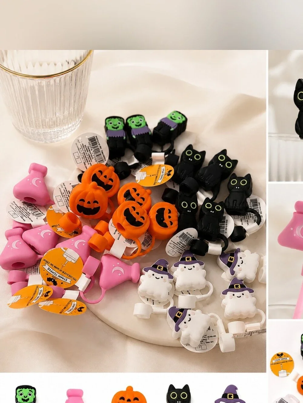 25 Halloween Silicone Straw Toppers Straws Pumpkin Ghost Black Cat Frankenstein